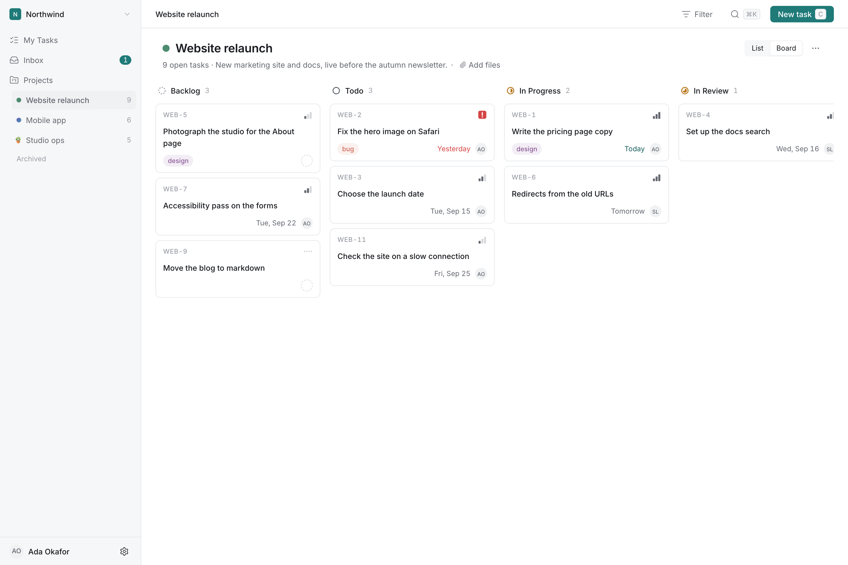 A project board in Todoly with Backlog, Todo, In Progress and In Review columns of task cards.