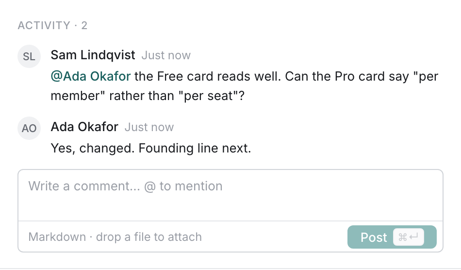 A comment thread on a Todoly task, one comment mentioning a teammate and their reply, with the composer below.