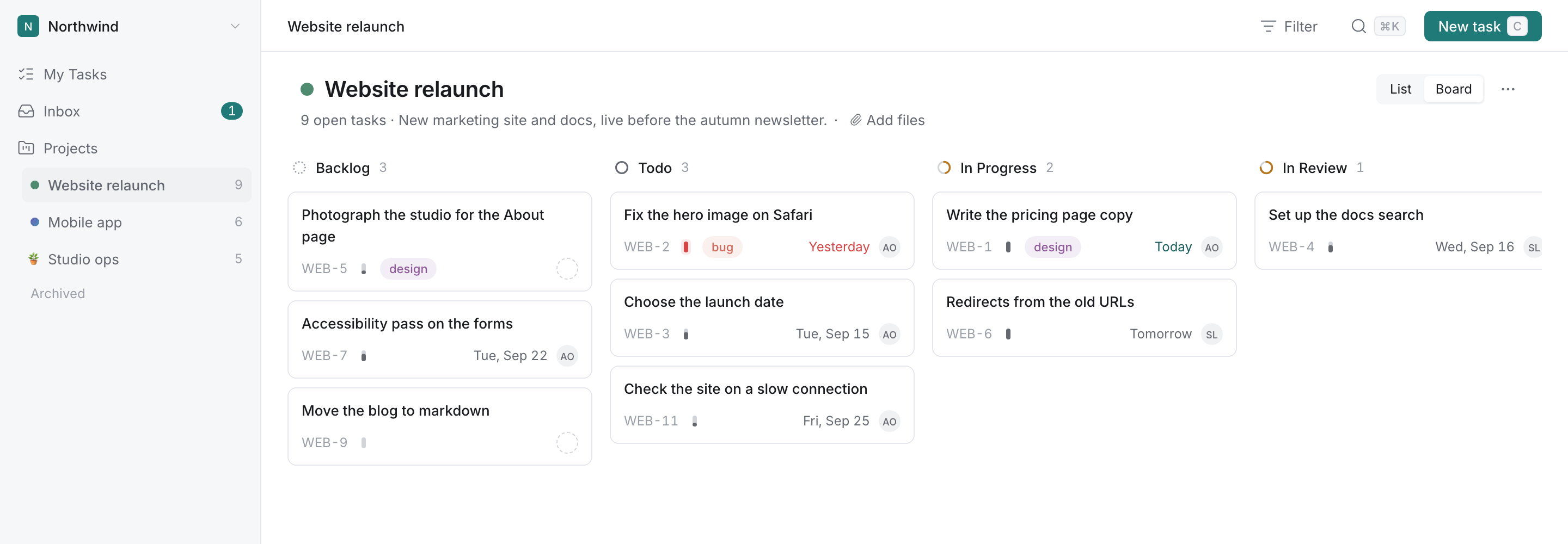 A Todoly project as a board, with the sidebar listing three projects beside columns of task cards.