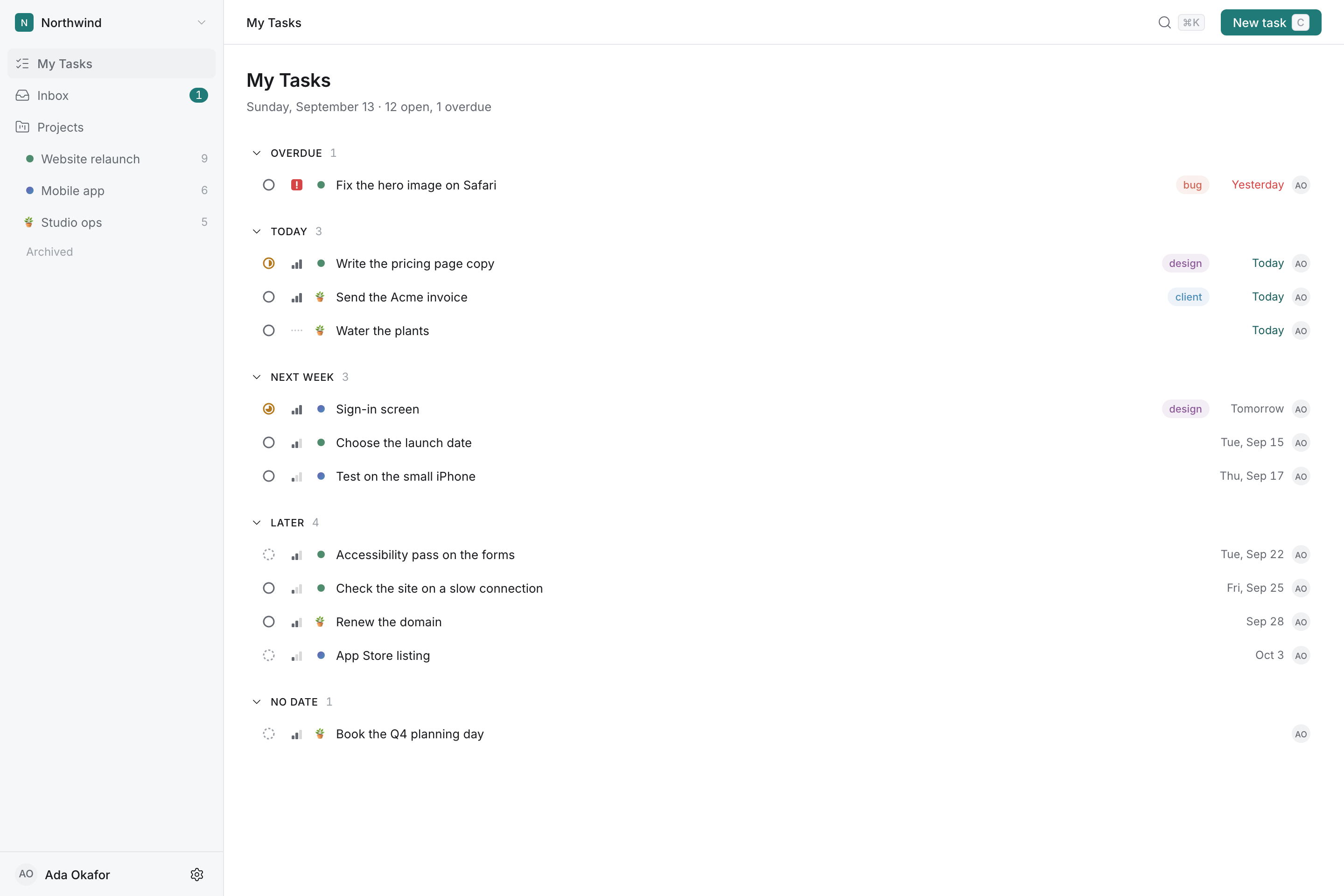 My Tasks in Todoly: open tasks grouped under Overdue, Today, This week and Later, with the sidebar listing three projects.
