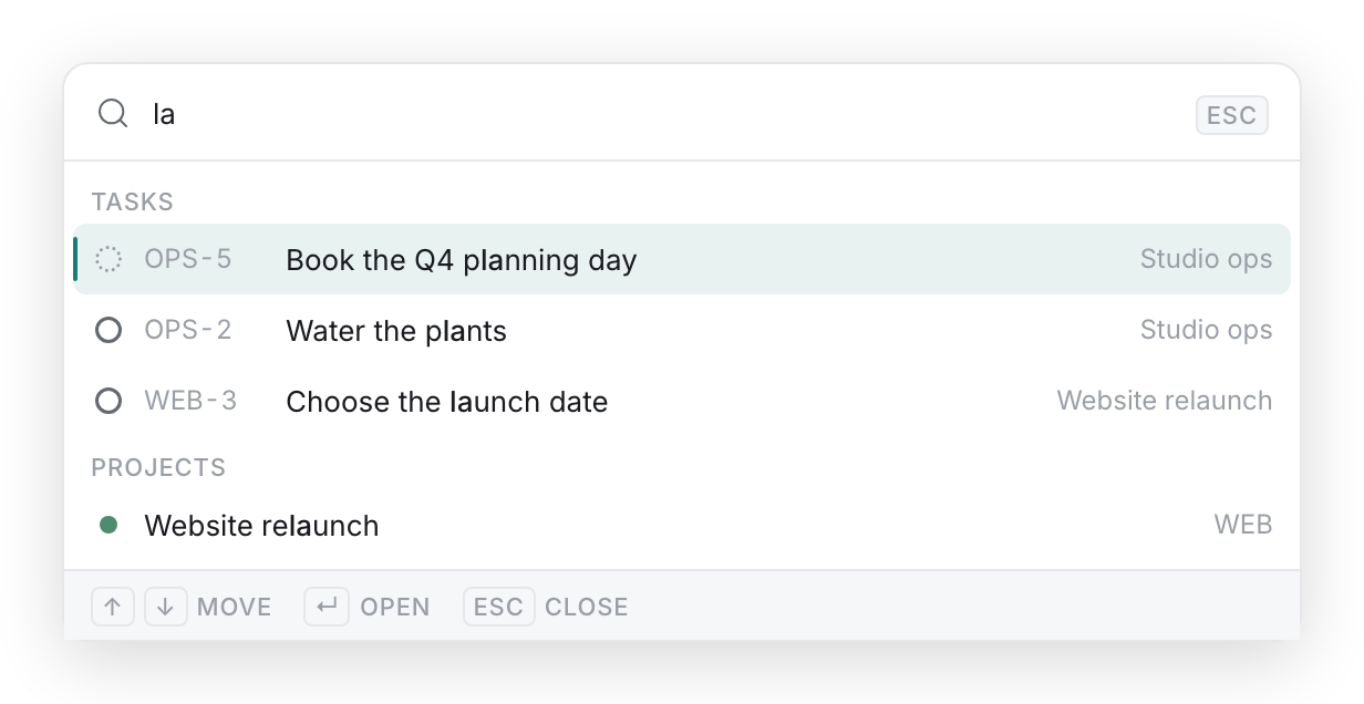 Todoly’s command palette searching across tasks and projects, with move, open and close hints along the bottom.