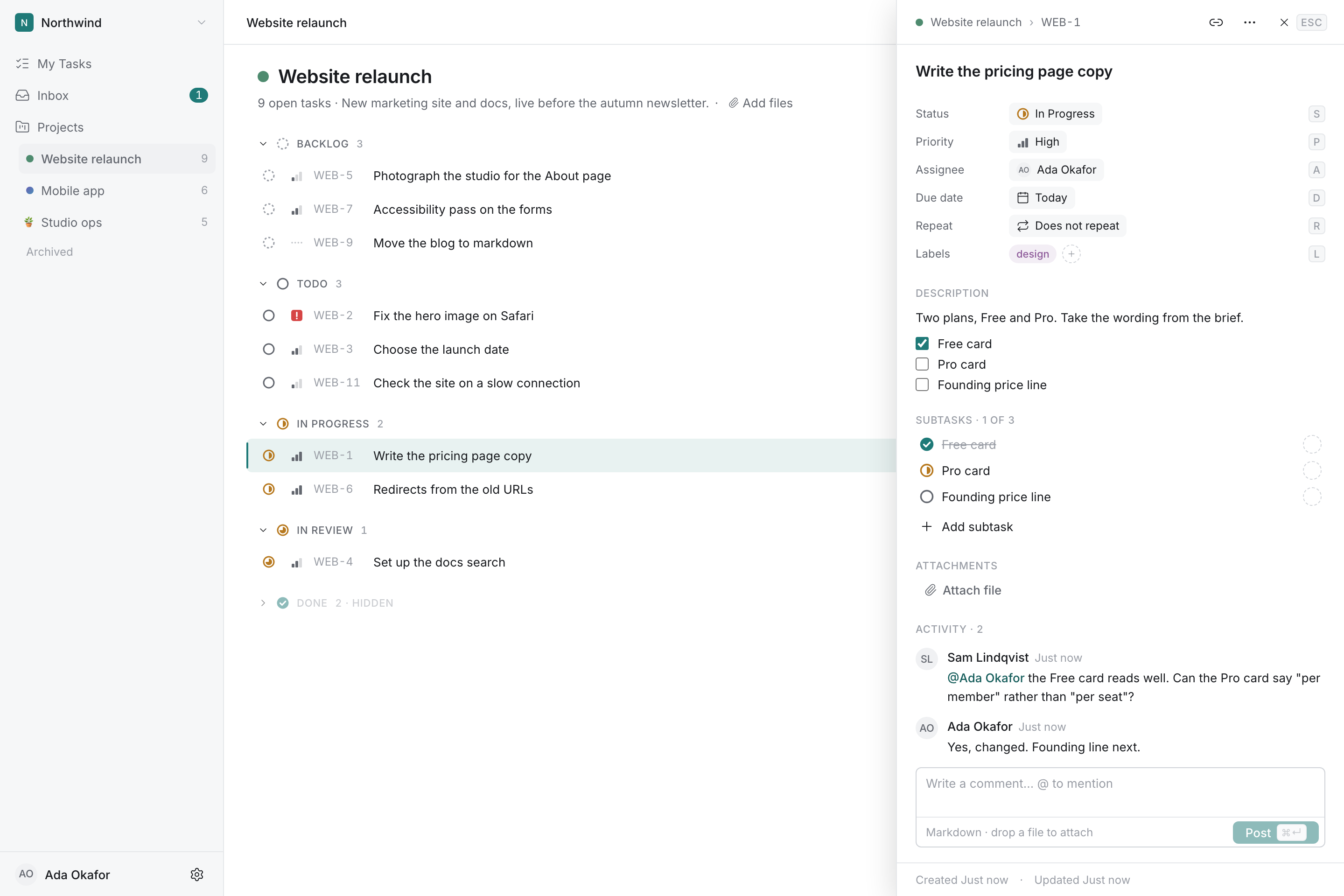 The task detail panel in Todoly open beside a project list, showing properties, subtasks and a comment.