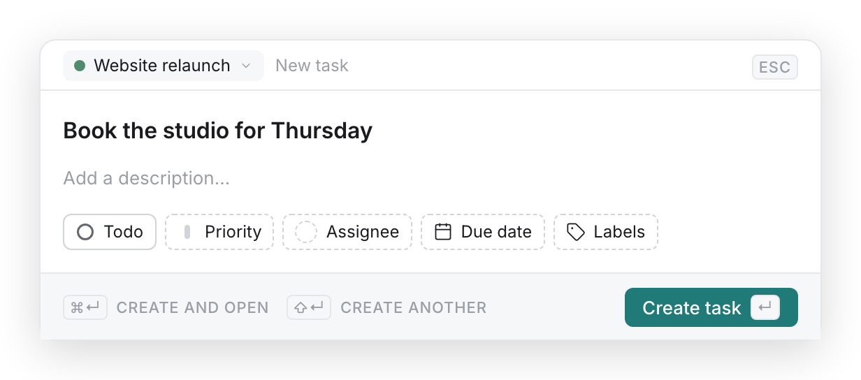 Todoly’s quick add dialog: a project picker, a task title, and pills for status, priority, assignee, due date and labels.